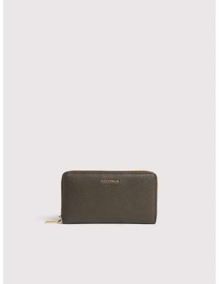 Portafoglio grande con zip in pelle con grana Coccinelle Metallic Large – Fango - foto 1