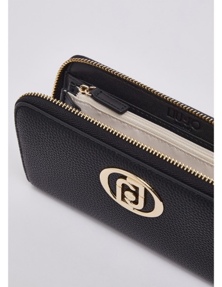 Portafoglio zip around con medaglione logo Liu Jo – Nero/oro - foto 3
