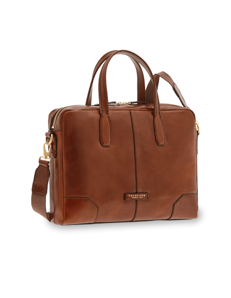 Cartella in pelle uomo con tracolla The Bridge Vespucci – Marrone/Oro - foto 1