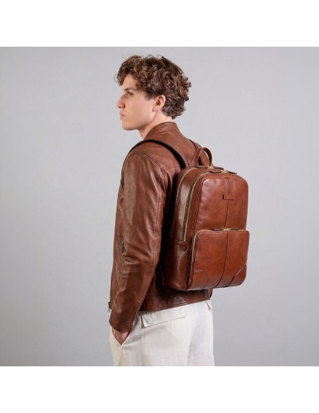 Zaino porta PC uomo in pelle due zip The Bridge Vespucci – Marrone/Oro - foto 5