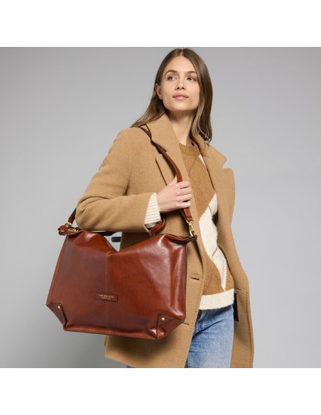 Borsa a tracolla in pelle con zip taglia L The Bridge Icons – Marrone/Oro - foto 7