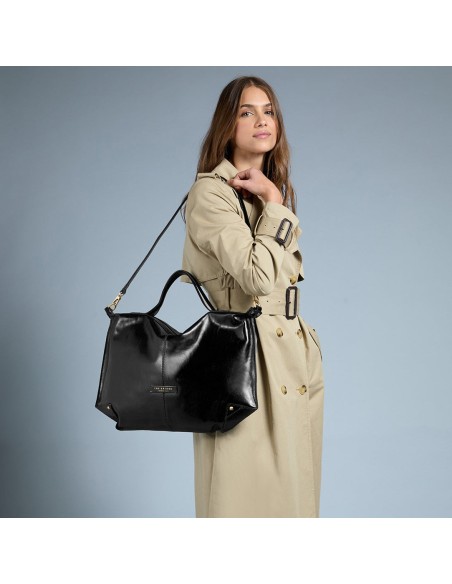 Borsa a tracolla in pelle con zip taglia L The Bridge Icons – Nero/Oro - foto 7