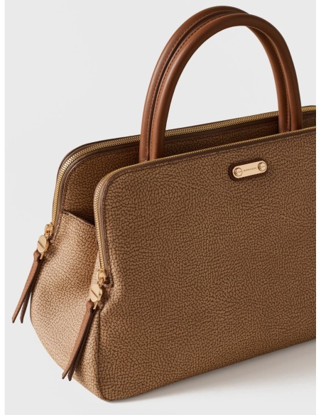 Bauletto Medium in tela rivestita Op e pelle Borbonese Urban – Cappuccino - foto 4