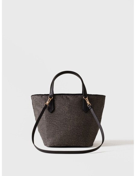 Borsa shopping Small in tessuto Op e pelle Borbonese Escape – Catrame/nero - foto 1