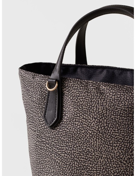 Borsa shopping Small in tessuto Op e pelle Borbonese Escape – Catrame/nero - foto 4