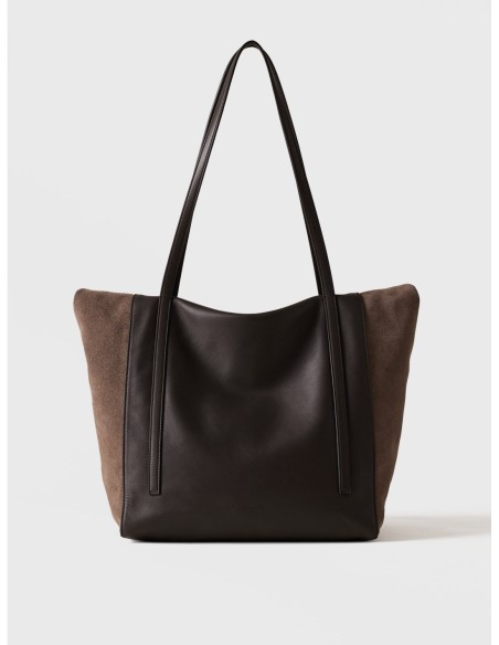 Borsa shopping Large in crosta scamosciata e pelle Borbonese Wave – Corniola/cenere/cacao - foto 3