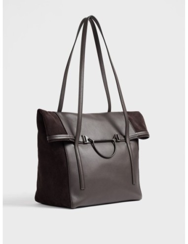 Borsa shopping Large in vitello e crosta scamosciata Borbonese Wave – Cacao/caffè - foto 3