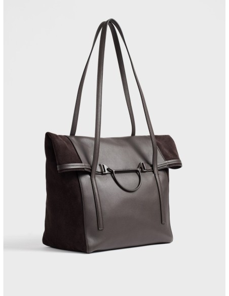 Borsa shopping Large in vitello e crosta scamosciata Borbonese Wave – Cacao/caffè - foto 3