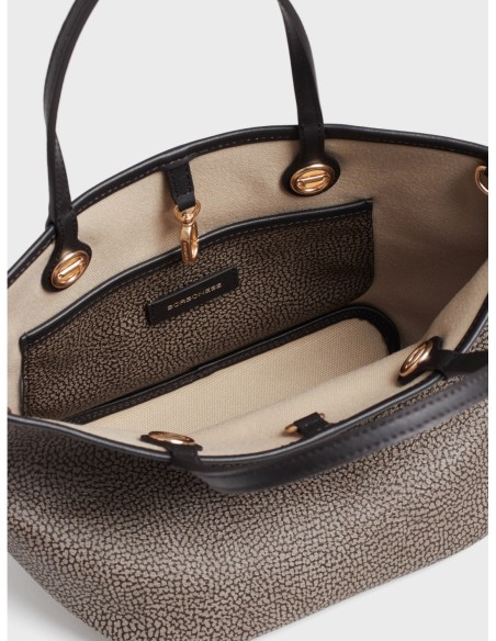 Borsa shopping Small in tela rivestita Op e pelle Borbonese Flight – Carbone - foto 5