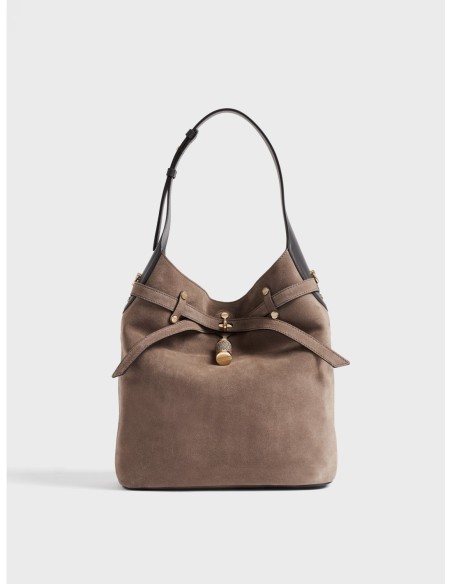 Borsa secchiello Medium in crosta scamosciata Borbonese Premiere – Cenere/ebano - foto 1