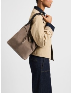 Borsa secchiello Medium in crosta scamosciata Borbonese Premiere – Cenere/ebano - foto 1 2