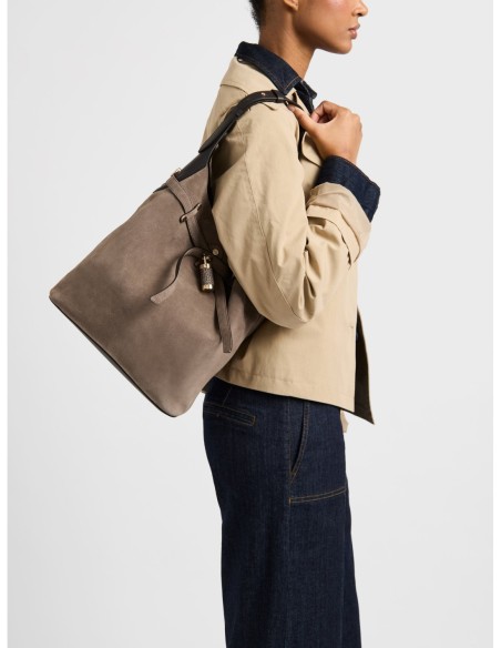 Borsa secchiello Medium in crosta scamosciata Borbonese Premiere – Cenere/ebano - foto 2