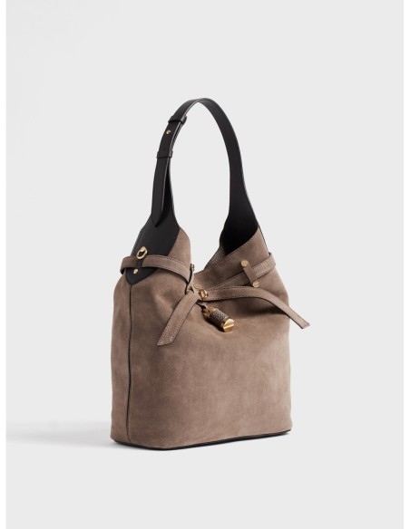 Borsa secchiello Medium in crosta scamosciata Borbonese Premiere – Cenere/ebano - foto 3