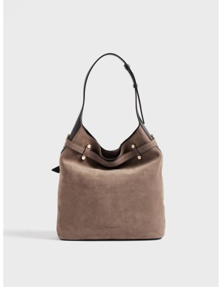 Borsa secchiello Medium in crosta scamosciata Borbonese Premiere – Cenere/ebano - foto 4