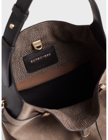 Borsa secchiello Medium in crosta scamosciata Borbonese Premiere – Cenere/ebano - foto 5