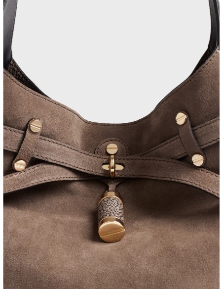 Borsa secchiello Medium in crosta scamosciata Borbonese Premiere – Cenere/ebano - foto 6