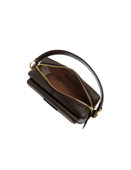 Camera case a tracolla in pelle martellata con manigliotto The Bridge Martina – Moka/Oro - foto 4