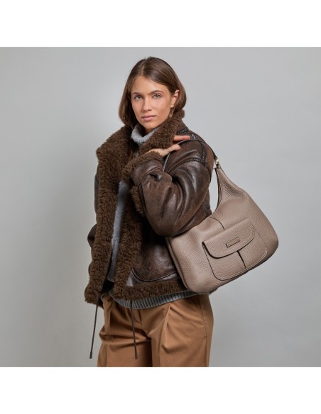 Borsa hobo grande in pelle con tasca frontale The Bridge Martina – Greige/Oro - foto 5